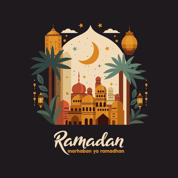 Vecteur affiche du ramadan avec une mosquée et une lune.