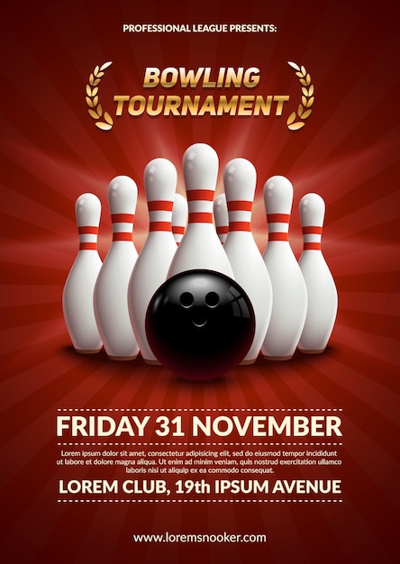 Vecteur affiche du tournoi de bowling. ballon 3d et quilles.