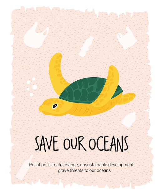 Affiche éco Graphique Vectorielle Avec Tortue Nageant Dans Un Déchet Plastique. Arrêter Le Concept De Pollution Plastique