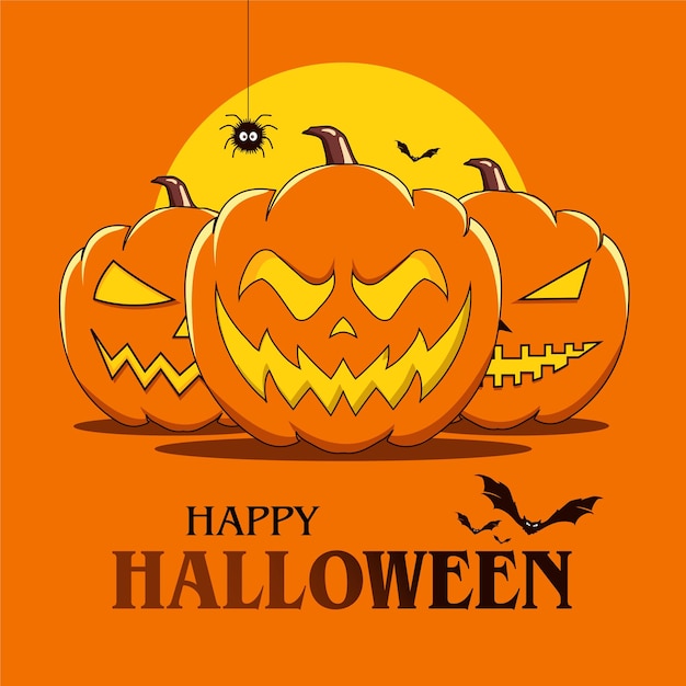 Affiche Effrayante D'halloween Bannière Avec Chauve-souris Citrouille Orange Et Araignée Illustration Vectorielle
