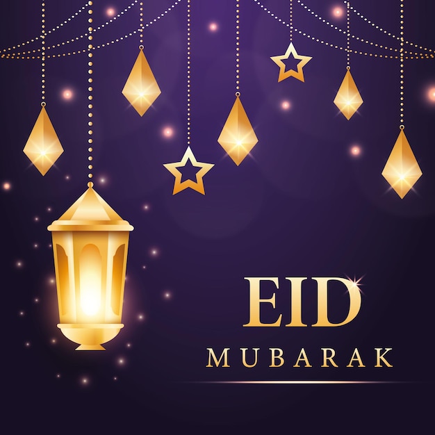 Une affiche eid mubarak avec du texte doré et une lanterne avec une lumière sur fond violet