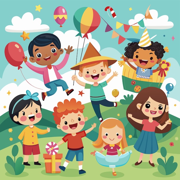 une affiche d'enfants avec beaucoup d'enfants dans un parc