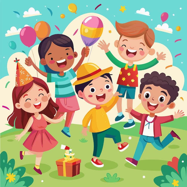 une affiche d'enfants avec un chapeau d'anniversaire et une boîte avec un cadeau au milieu