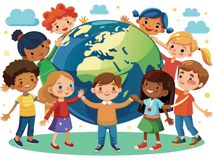 Vecteur une affiche d'enfants tenant la main autour d'un globe avec une image d'un groupe d'enfants se tenant la main