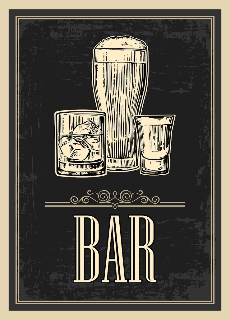 Vecteur affiche ou enseigne bar set verre bière whisky vin tequila vector illustration vintage gravée isolée sur fond sombre