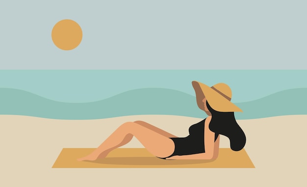 Vecteur affiche d'été avec une fille allongée au soleil
