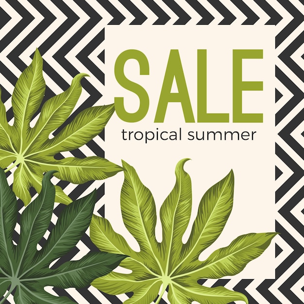 Affiche d'été tropical de vente avec des feuilles de jungle sur un carré blanc