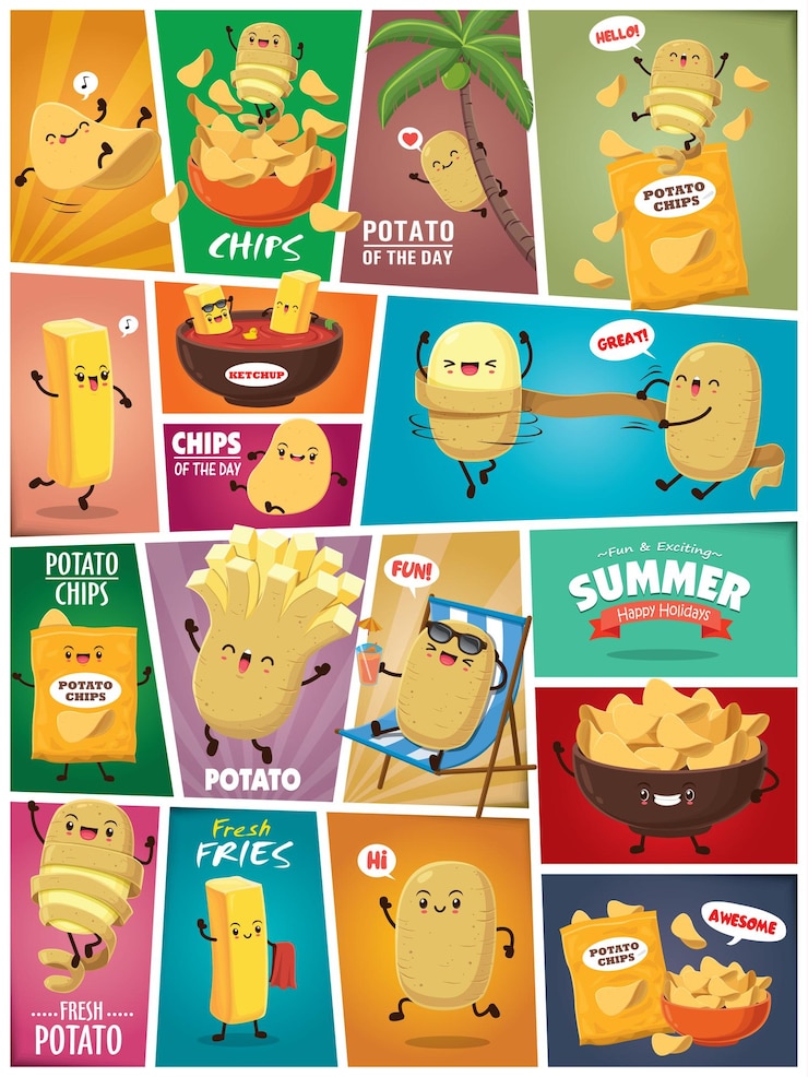 Vecteur affiche d'été vintage avec personnage de croustilles de pommes de terre
