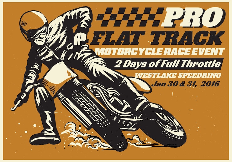 Vecteur affiche d'événement de course de moto de piste plate