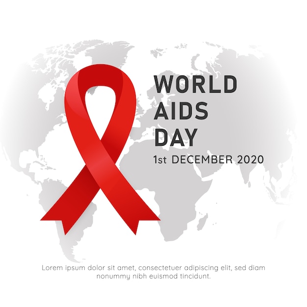Affiche de l'événement de la journée mondiale du VIH contre le sida avec symbole de ruban rouge et illustration vectorielle de fond blanc carte du monde