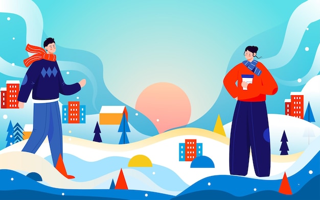 Affiche d'événement en plein air de personnages d'illustration de festival de neige d'hiver