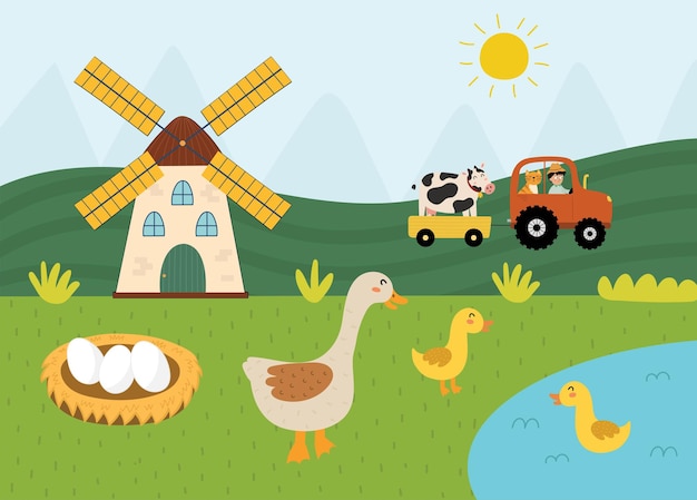 Sur L'affiche De La Ferme Avec Une Oie Mignonne Et Ses Bébés Oisons