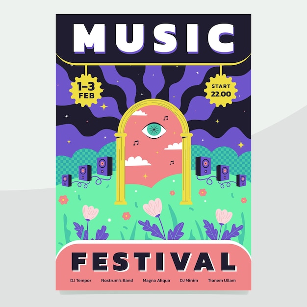 Vecteur affiche de festival de musique surréaliste abstraite conception de modèle de fête lumineux et à la mode