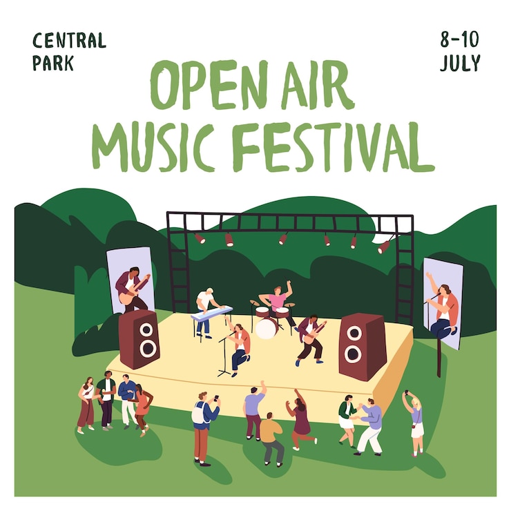 Vecteur une affiche d'un festival en plein air avec des gens dessus