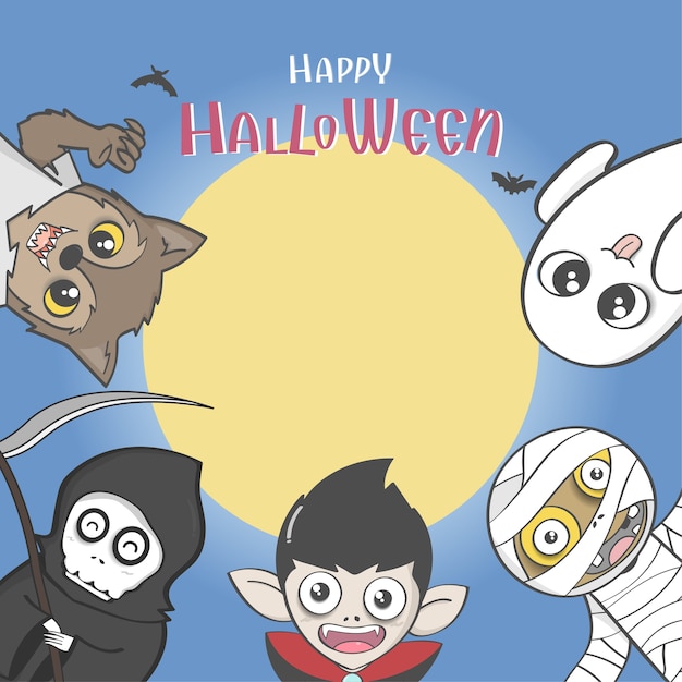 Affiche De Fête D'halloween Avec Un Groupe De Costume D'halloween Mignon. Vecteur Et Illustration