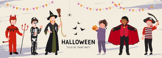 Affiche de la fête d'Halloween. Groupe d'enfants drôles en costume d'halloween. bannière