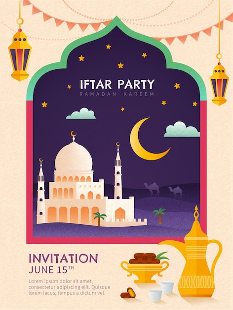 Affiche De Fête Iftar Design Plat Avec Mosquée, Palmier Dattier Et Service à Thé