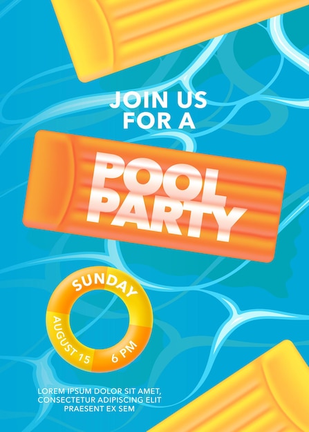 Affiche de fête à la piscine avec anneau gonflable dans l'illustration de la piscine.