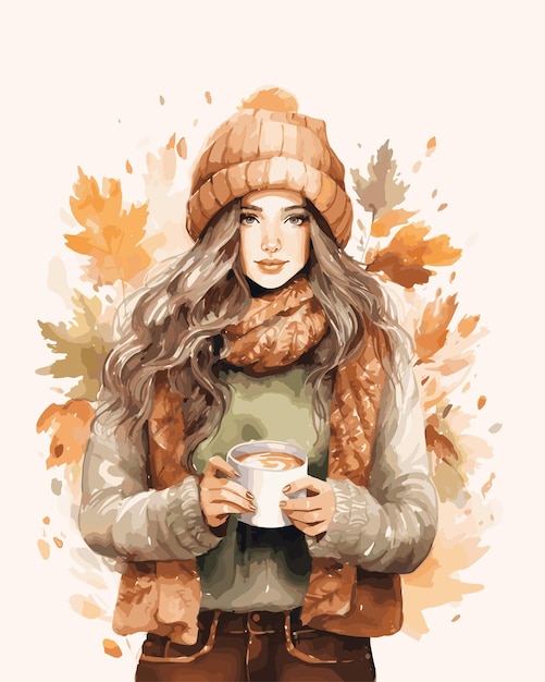 Vecteur affiche fille aquarelle automne