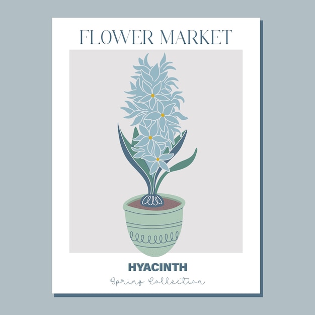 Vecteur affiche de fleur art mural botanique à la mode avec une hyacinthe qui pousse d'un bulbe dans un pot de fleurs des fleurs fraîches