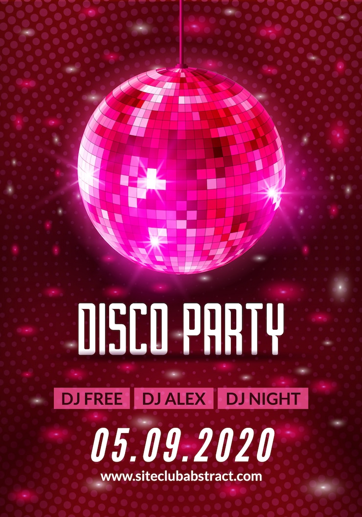 Vecteur affiche de flyer de fond disco dance party. musique légère de boule disco