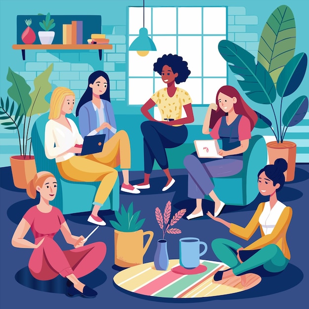 une affiche d'un groupe de femmes assises sur un tapis avec des plantes et des plantes