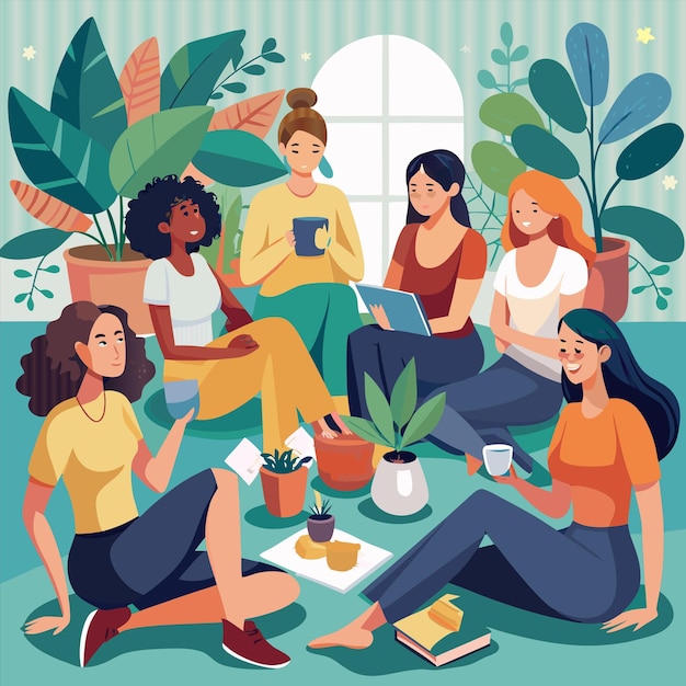 une affiche avec un groupe de femmes lisant des livres et une photo d'un groupe de femmes