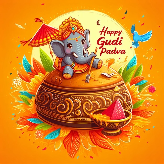 une affiche de Gudi padwa heureux avec un éléphant dessus