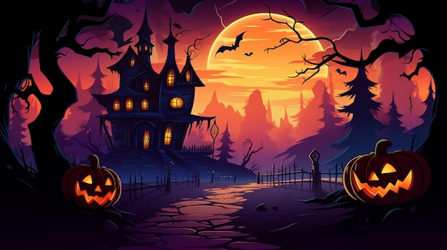 Vecteur une affiche d'halloween avec un château et des citrouilles dessus