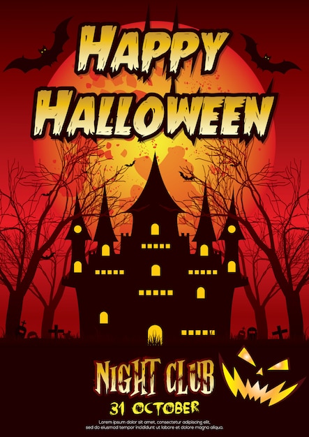 Vecteur affiche d'halloween heureux et invitation avec la conception du château de sorcière. nuit d'horreur. octobre