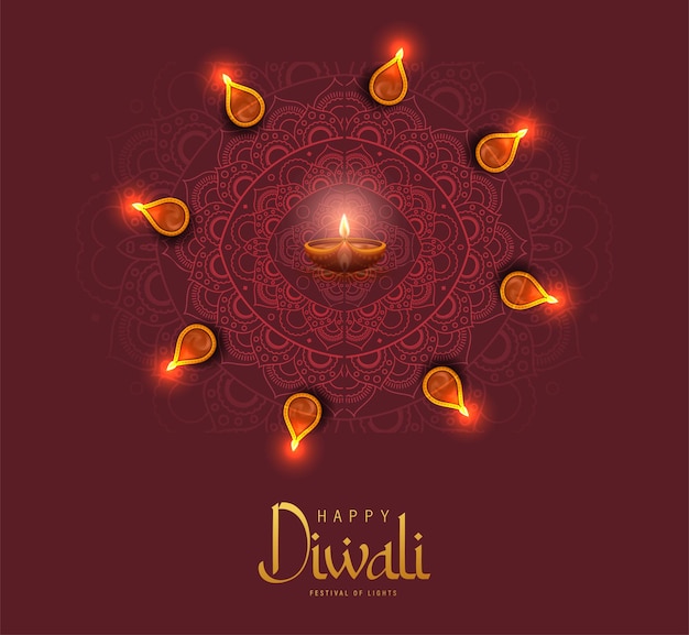 Affiche Happy Diwali Avec Lampe Diya Et Illustration Vectorielle Peacock. Fête Indienne Des Lumières Design