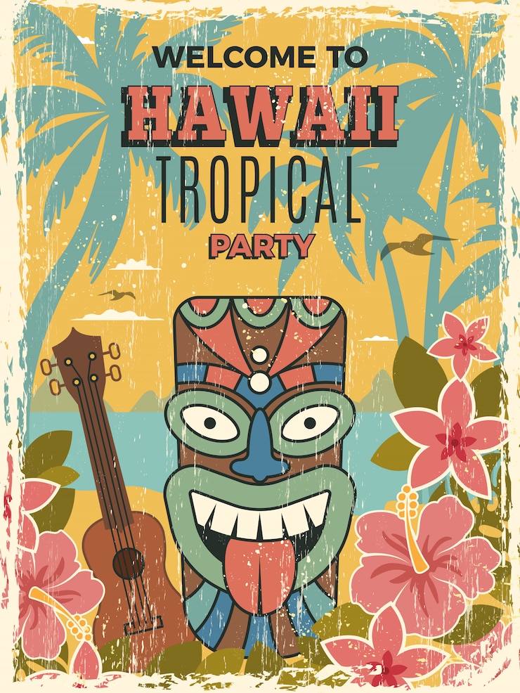 Vecteur affiche d'hawaï. illustrations de masques tribaux africains tiki invitation fête de danse d'été