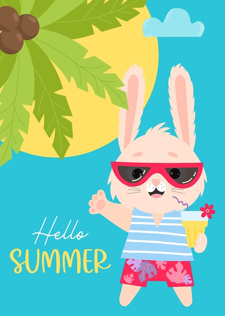 Affiche Hello Summer Tropical avec un joli lièvre à lunettes de soleil avec un cocktail sur la mer avec des palmiers