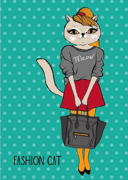 Vecteur affiche de hipster de mode mignon avec des illustrations vectorielles de chat