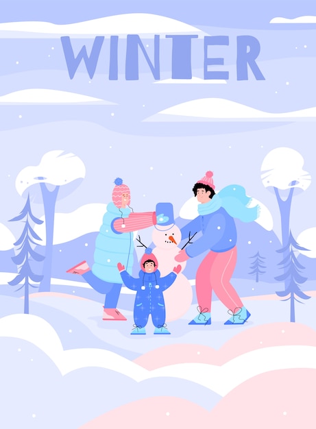 Affiche D'hiver Avec Une Famille Heureuse, Construisant Un Bonhomme De Neige Ensemble.