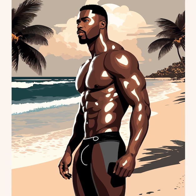 Vecteur une affiche d'un homme debout sur une plage avec des palmiers en arrière-plan.