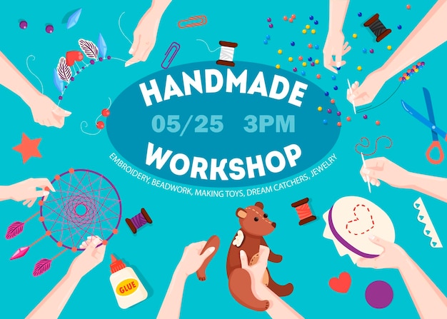 Affiche horizontale d'atelier créatif fait à la main avec des aiguilles de date et d'heure assemblant la broderie d'ours en peluche