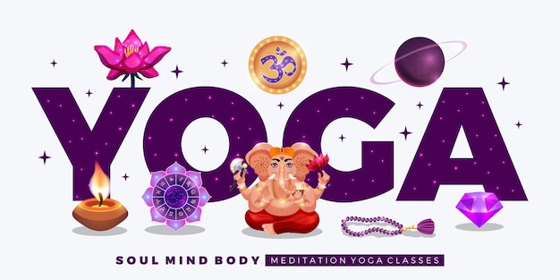 Affiche Horizontale De Cours De Méditation Et De Yoga Réalistes Avec Des Signes De Planète De Bougie De Lotus Ganesha Du Zodiaque