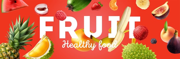 Vecteur affiche horizontale de fruits colorés et réalistes horizontaux avec lévitation de fruits et grand titre