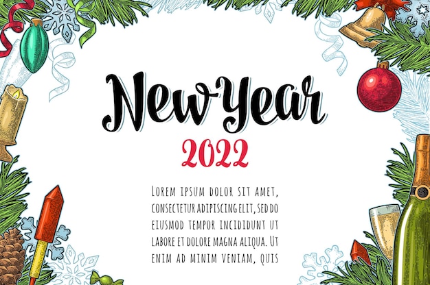 Affiche horizontale Happy New Year 2022 lettrage Vector vintage gravure