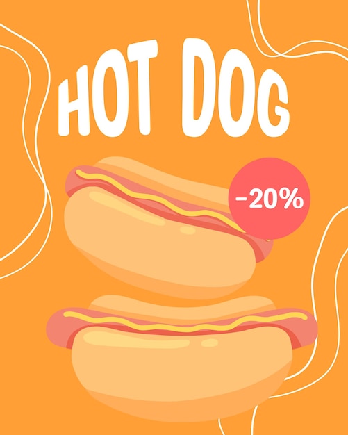 Vecteur affiche avec hotdog bannière avec bun avec saucisse et moutarde restauration rapide illustration vectorielle en style cartoon flyer pour l'alimentation de rue