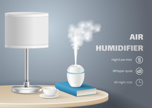 Affiche d'humidificateur d'air avec ses caractéristiques et son dispositif de travail dans une illustration vectorielle réaliste de chambre confortable