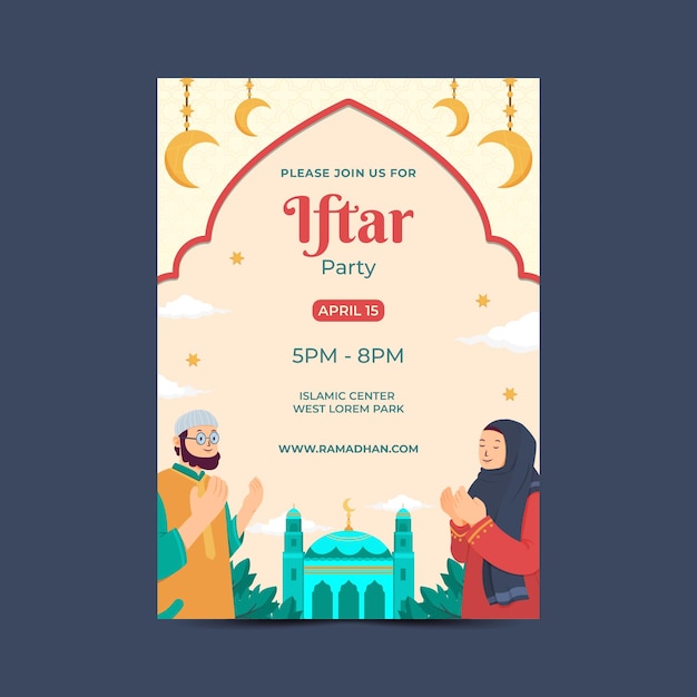 Vecteur affiche d'iftar ramadan plat dessiné à la main