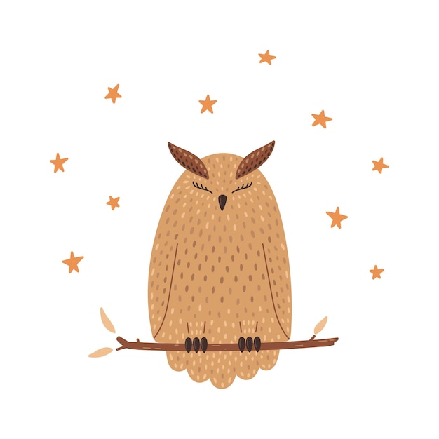 Affiche Imprimée D'un Hibou Mignon Sur Une Branche Sur Fond D'étoiles Dans Un Style Scandinave