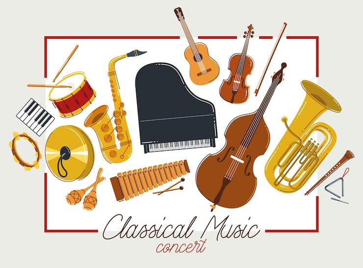 Vecteur affiche d'instruments de musique classique vector illustration de style plat orchestre classique acoustique flyer