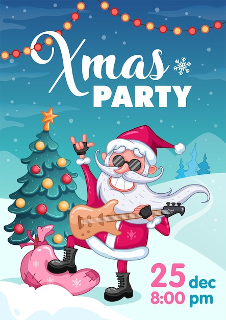 Affiche D'invitation à La Fête De Noël, Père Noël Cool Avec Guitare électronique Et Sac Cadeau