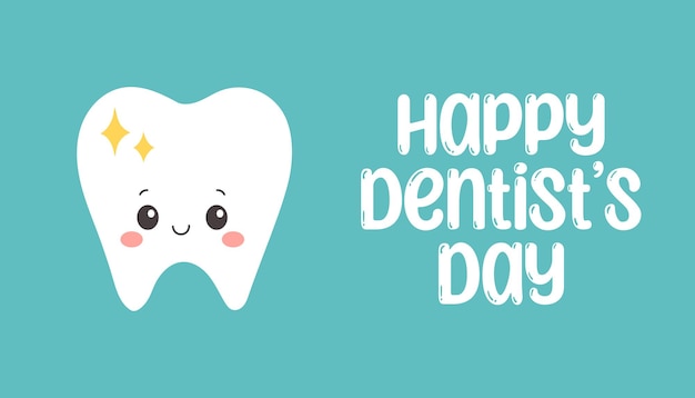 Affiche de la journée du dentiste. Dent de dessin animé mignon brillant souriant. Fête mondiale et nationale du stomatologue