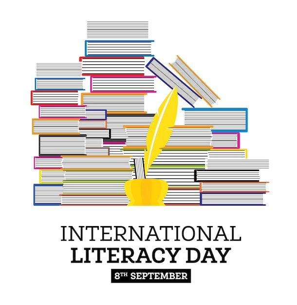 Affiche de la Journée internationale de l'alphabétisation avec pile de livres et concept d'éducation à la plume d'oie