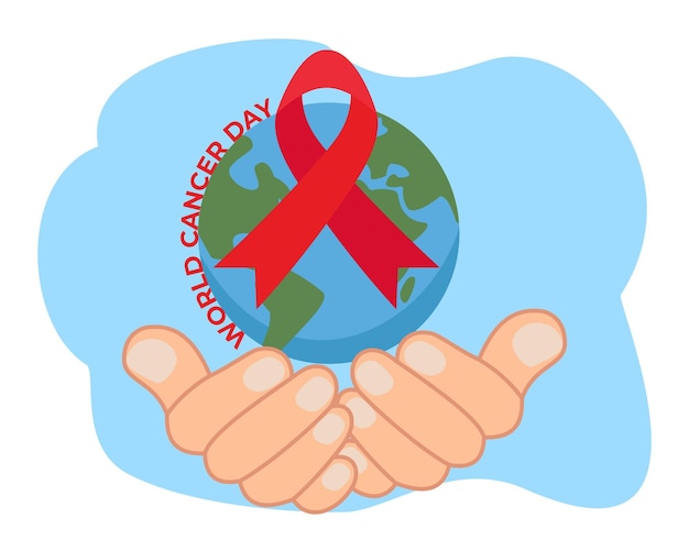 Vecteur affiche de la journée mondiale du cancer avec un ruban à la main et la planète terre