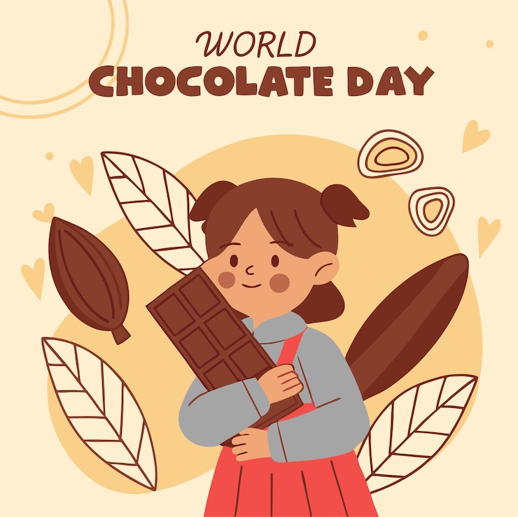 Vecteur affiche de la journée mondiale du chocolat avec une fille tenant du chocolat